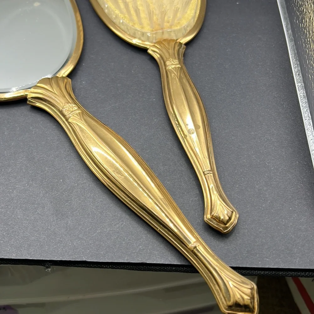 Vintage flower vanity hand mirror and brush